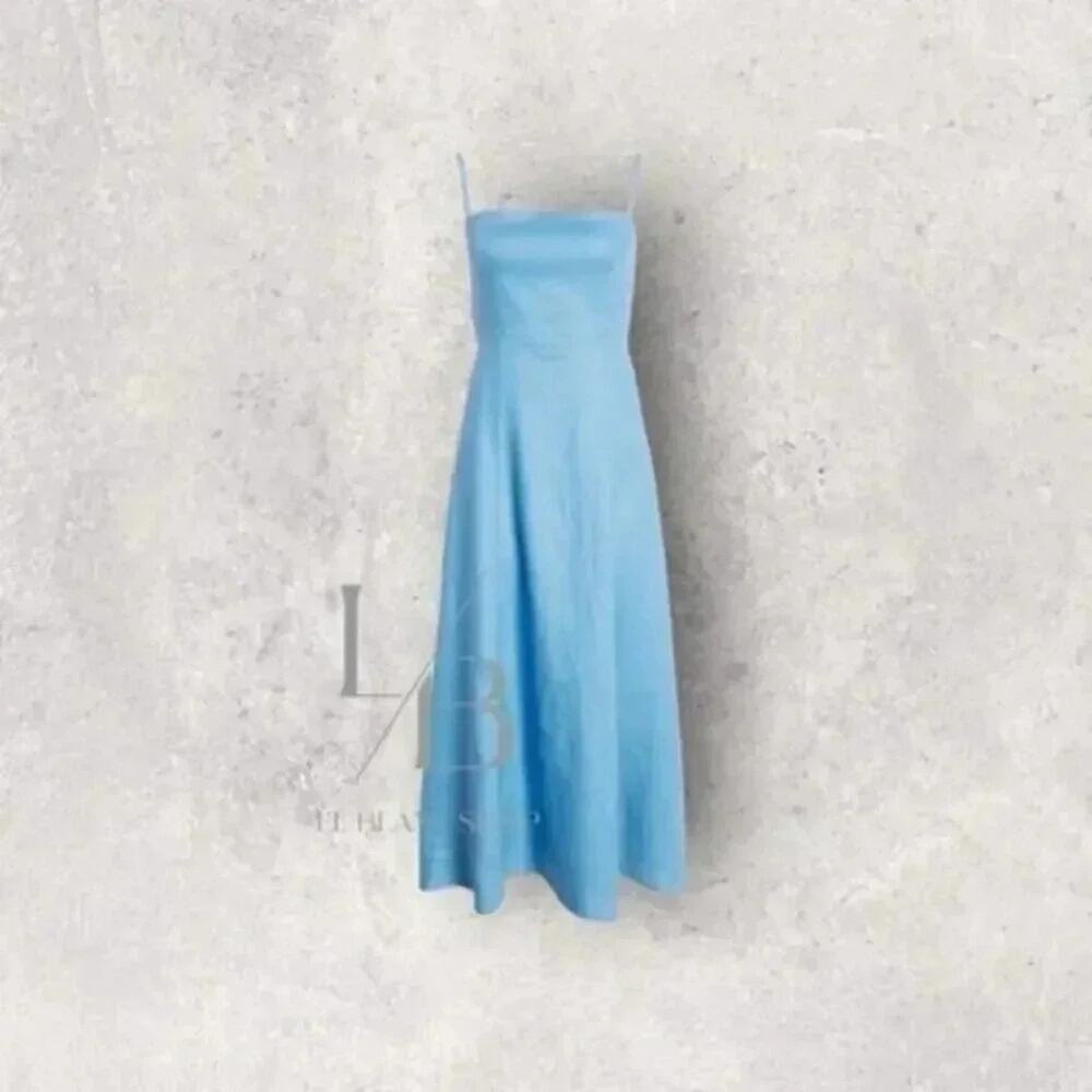 Reformation 100% Linen Starfruit Parisian Blue Open Back Midi Dress B1146